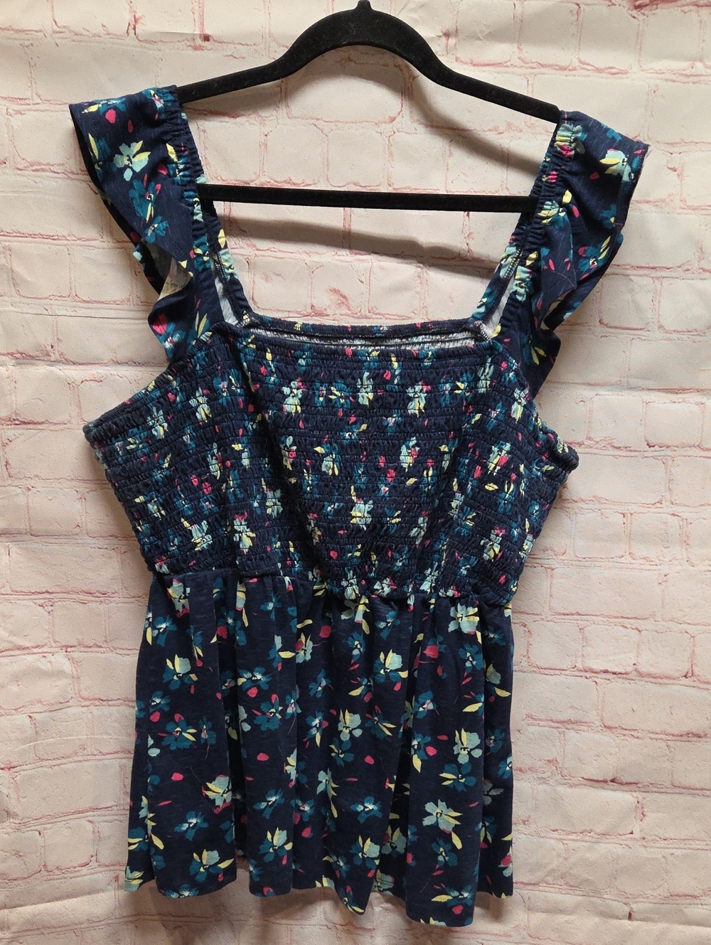 Lane Bryant Navy Floral Smocked Tank with Flutter Straps